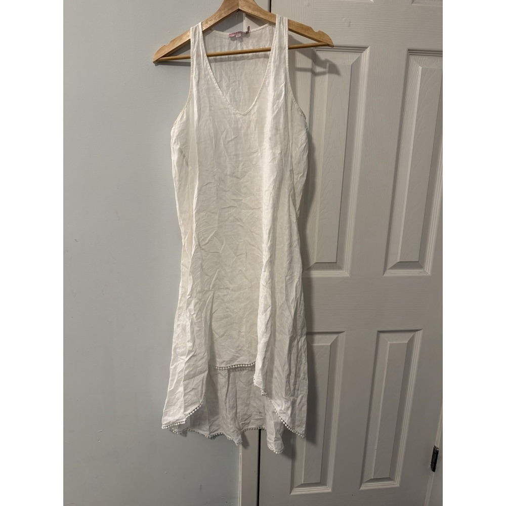 Calypso St Barth 100% Linen Hi Lo Beach Coverup Dress Sz XS Pom Pom Hem Resort